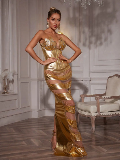 Strapless Corset Chain Wrapped Maxi Dress Embellishment Dresses
