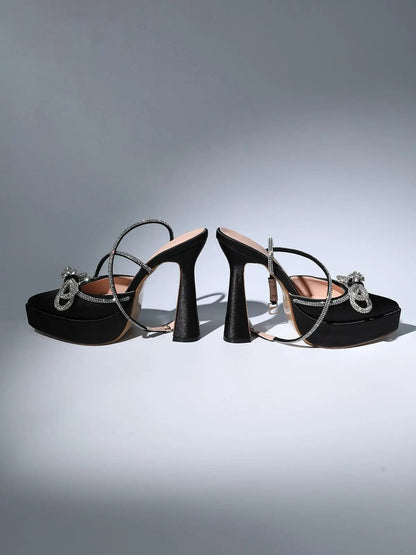 Anouk Bow Crystal Satin Heels In Black (made to order) Mew Mews Fashion Shoes