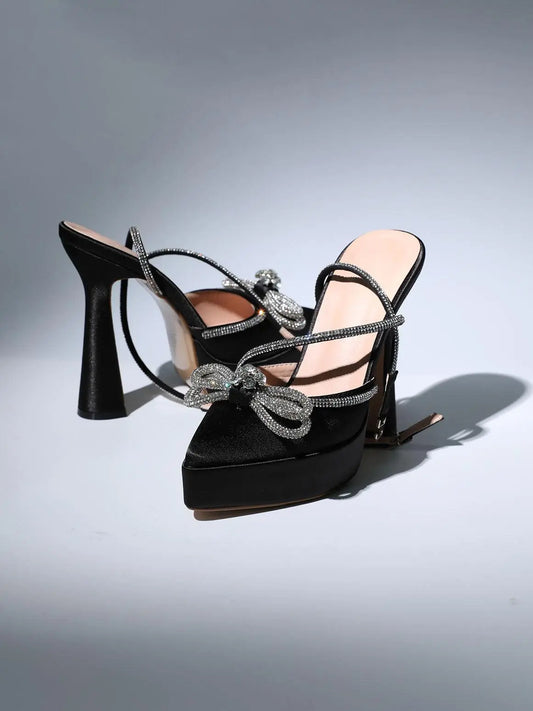 Anouk Bow Crystal Satin Heels In Black (made to order) Mew Mews Fashion Shoes