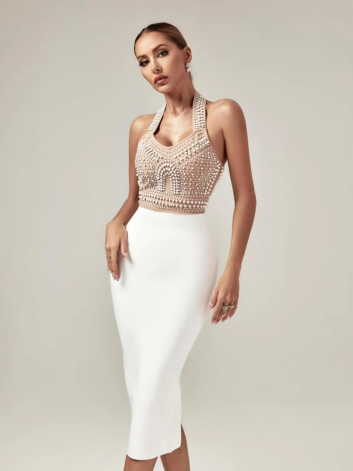 Sophia Halterneck Pearl Embellished Bandage Dress Bandage Dresses