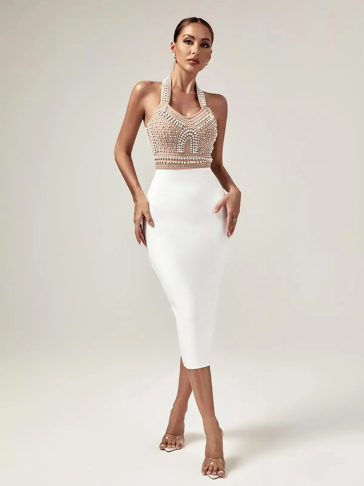 Sophia Halterneck Pearl Embellished Bandage Dress Bandage Dresses