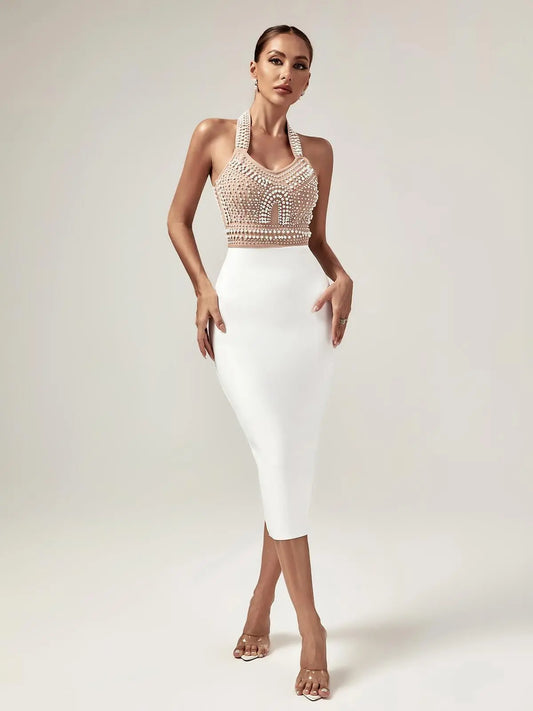 Sophia Halterneck Pearl Embellished Bandage Dress Bandage Dresses