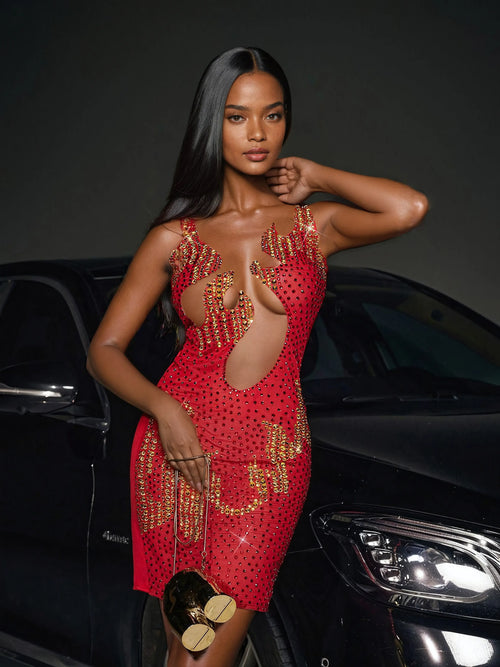 Rabia Fire Printed Rhinestone Mini Dress Embellishment