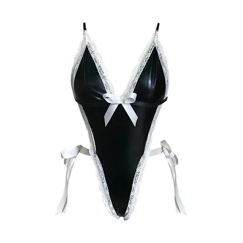 LacyNighty™ Latex Leather Deep V Teddy Bodysuit Lacy Nighty