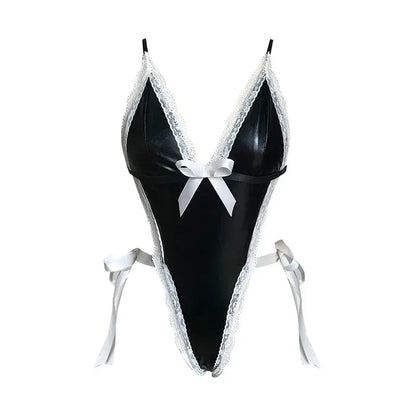 LacyNighty™ Latex Leather Deep V Teddy Bodysuit Lacy Nighty
