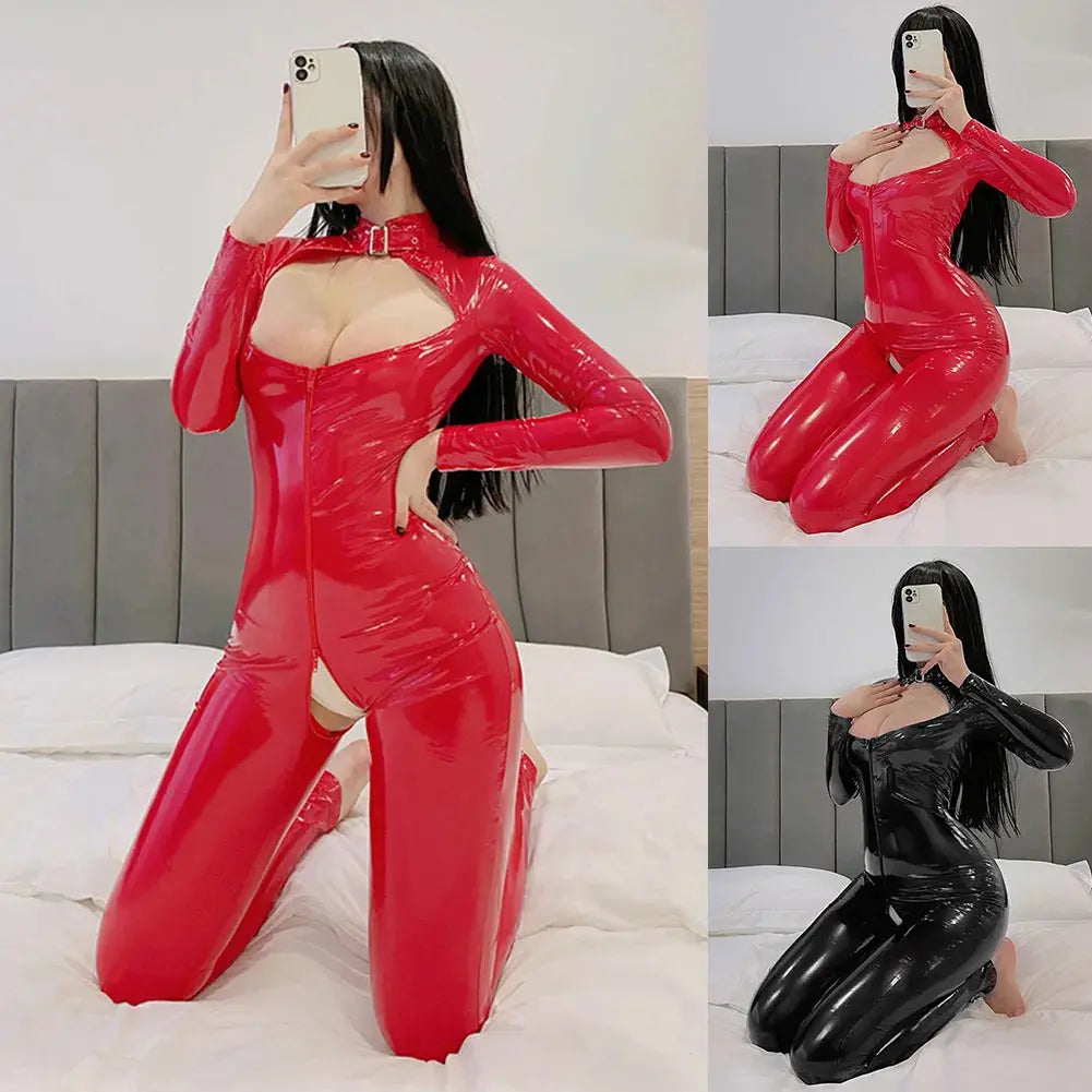 LacyNighty™ Shiny Zip-Up Latex Bodysuit Lacy Nighty