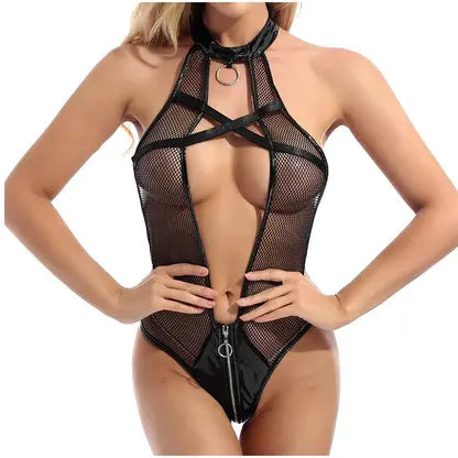 LacyNighty Latex Leather Mesh Lingerie Set Lacy Nighty Latex