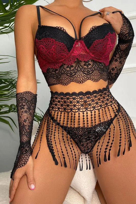 LacyNighty™ Siri Lingerie Set - Black and Burgundy Lacy Nighty lingerie set
