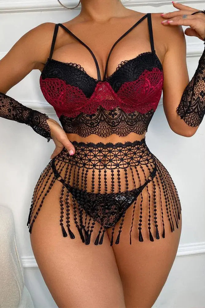 LacyNighty™ Siri Lingerie Set - Black and Burgundy Lacy Nighty lingerie set