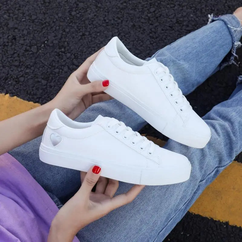 White Sneakers  with Heart shape Lacy0301Goth Women's Vulcanize Shoes
