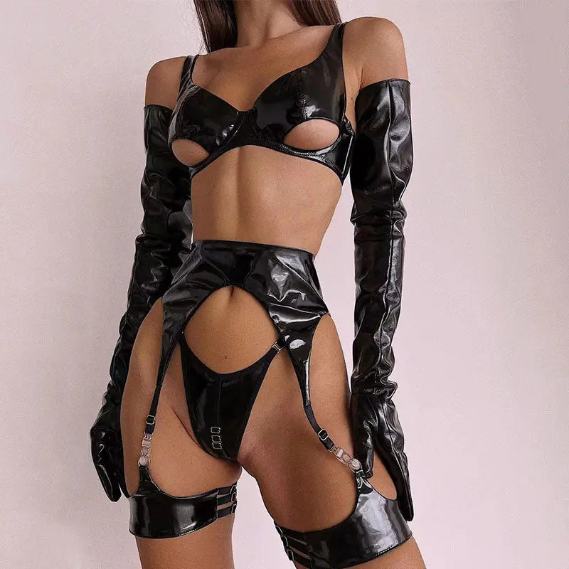 LacyNighty™ Latex Leather Lingerie Set Black Pu Lacy Nighty Latex