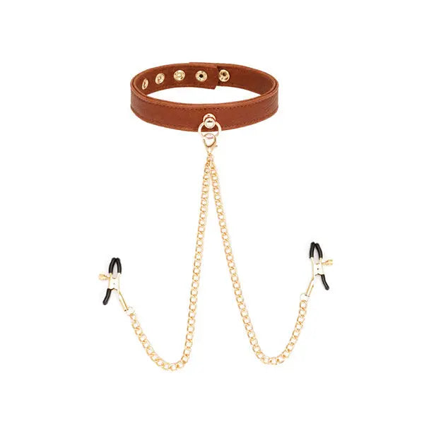 LacyNighty™ Brown Leather Collar & Nipple Clamps Lavah Intimates harness