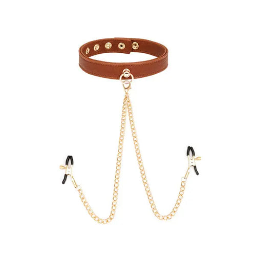 LacyNighty™ Brown Leather Collar & Nipple Clamps Lavah Intimates harness