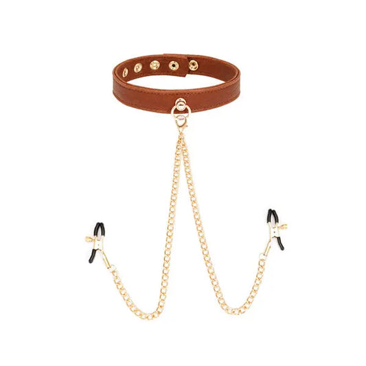 LacyNighty™ Brown Leather Collar & Nipple Clamps Lavah Intimates harness