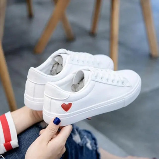 White Sneakers  with Heart shape Lacy0301Goth Women's Vulcanize Shoes